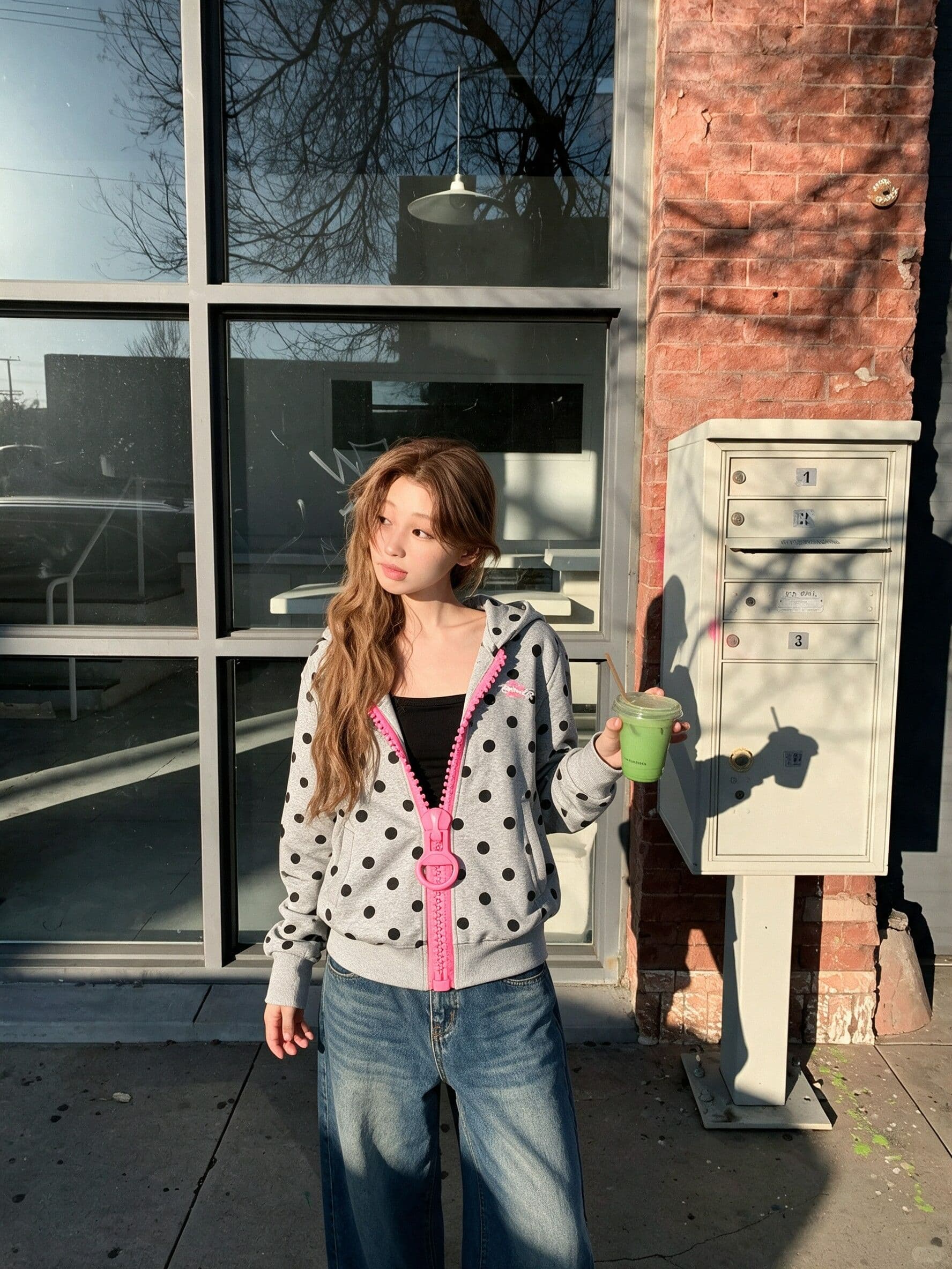 후아 면 복합 아메리칸 디자인 센스 대 지퍼 도트 무늬 후드 오픈 가디건 후드티 여성 재킷 가을 2026 상세 이미지 2