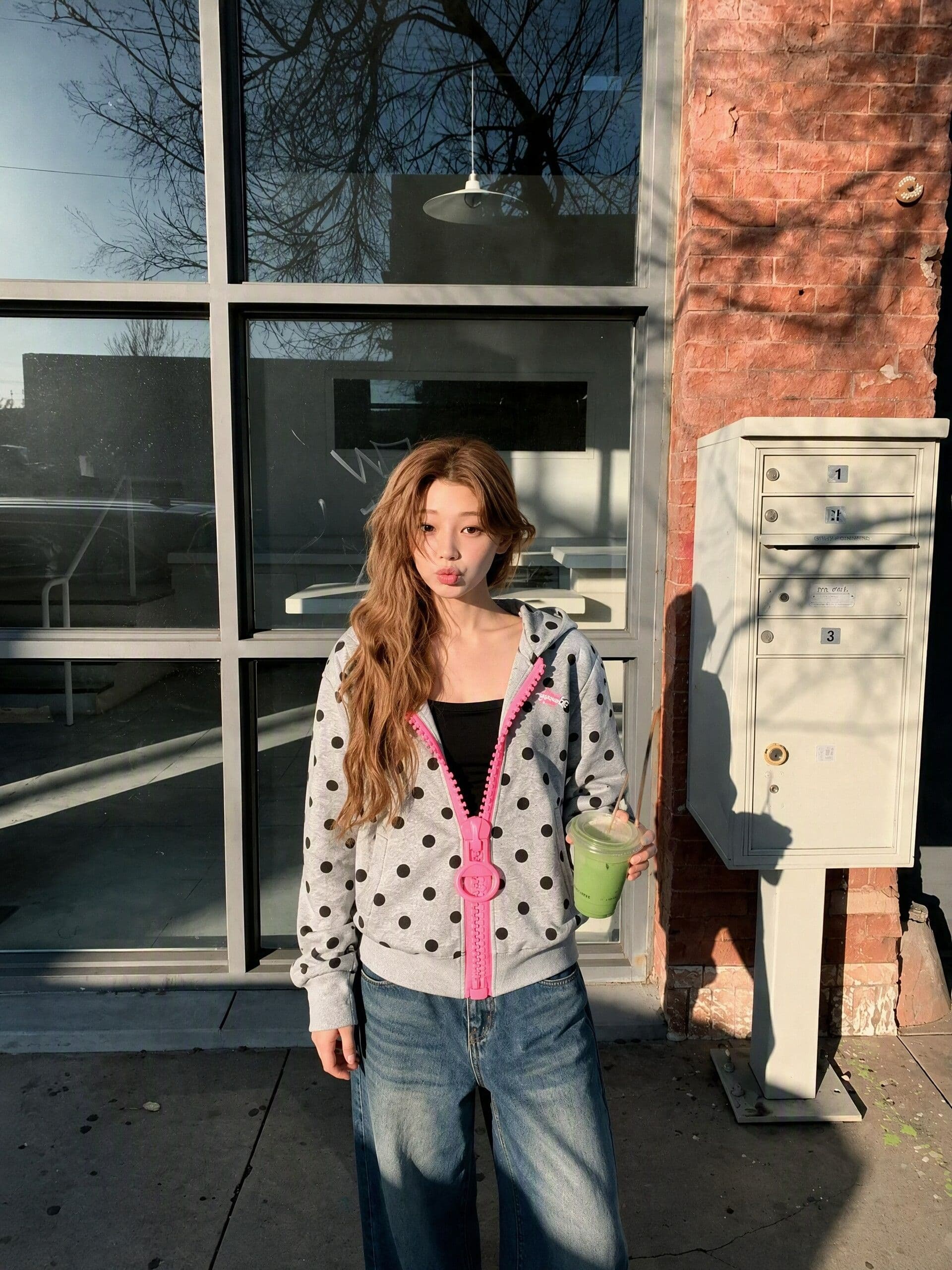 후아 면 복합 아메리칸 디자인 센스 대 지퍼 도트 무늬 후드 오픈 가디건 후드티 여성 재킷 가을 2026 상세 이미지 3