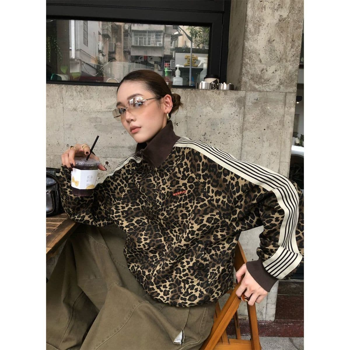 레오파드 무늬 재킷 아메리칸 레트로 쇼트 스타일 재킷 루즈핏 캐주얼 트렌디 상세 이미지 2