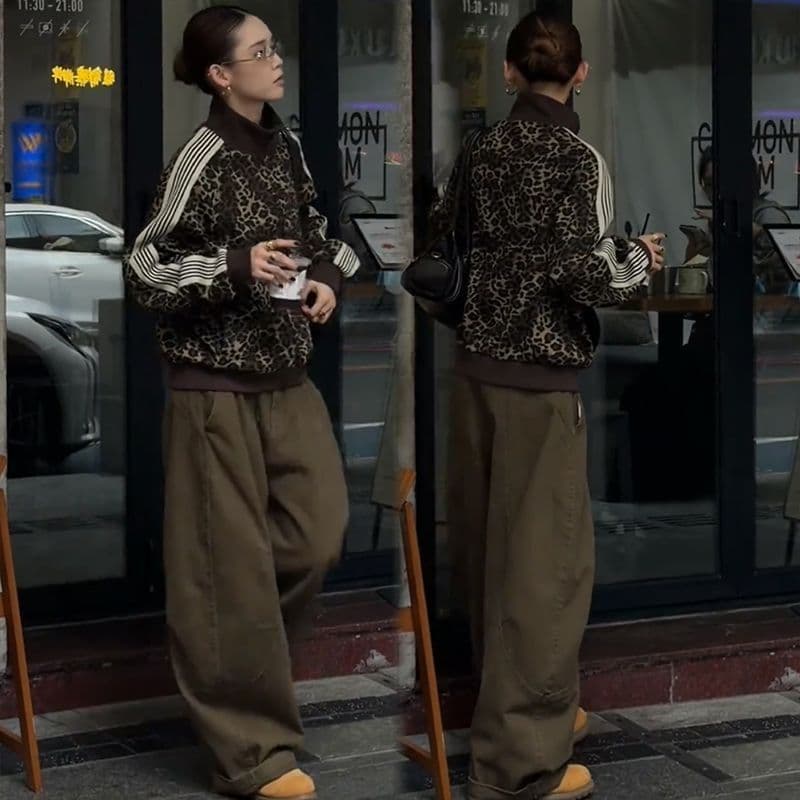 레오파드 무늬 재킷 아메리칸 레트로 쇼트 스타일 재킷 루즈핏 캐주얼 트렌디 상세 이미지 6