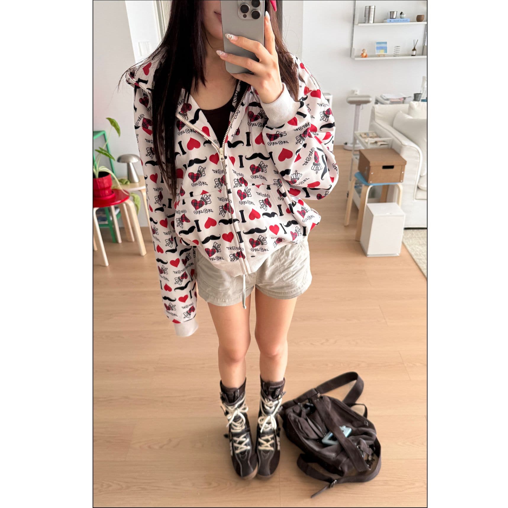 원본 솜씨 아메리칸 레트로 창의성 하트 알파벳 전체 인쇄 후드 오픈 가디건 후드티 남녀 루즈핏 재킷 가을 이미지 5