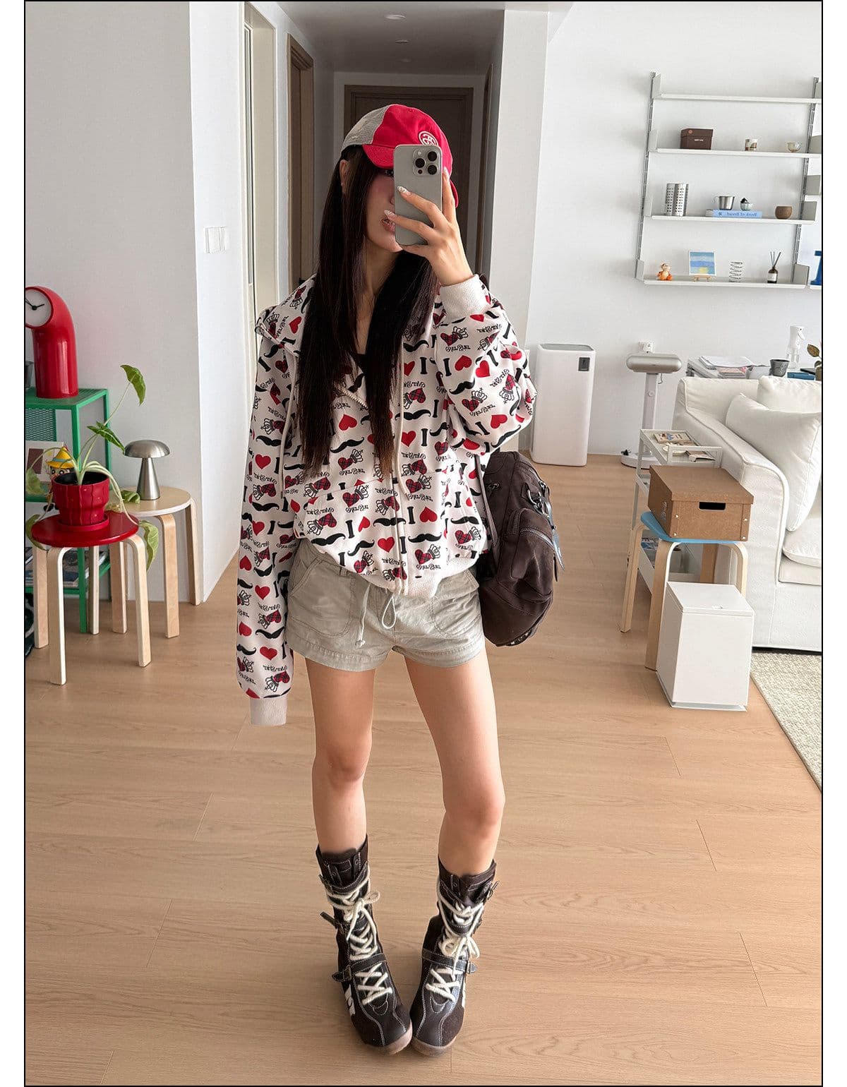 원본 솜씨 아메리칸 레트로 창의성 하트 알파벳 전체 인쇄 후드 오픈 가디건 후드티 남녀 루즈핏 재킷 가을 상세 이미지 4