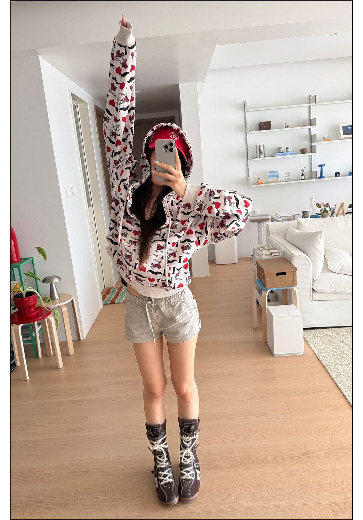 원본 솜씨 아메리칸 레트로 창의성 하트 알파벳 전체 인쇄 후드 오픈 가디건 후드티 남녀 루즈핏 재킷 가을 상세 이미지 6