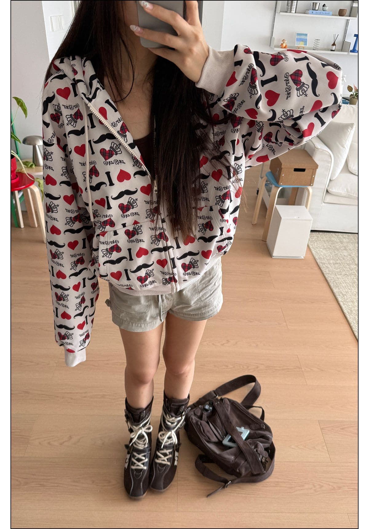 원본 솜씨 아메리칸 레트로 창의성 하트 알파벳 전체 인쇄 후드 오픈 가디건 후드티 남녀 루즈핏 재킷 가을 상세 이미지 7