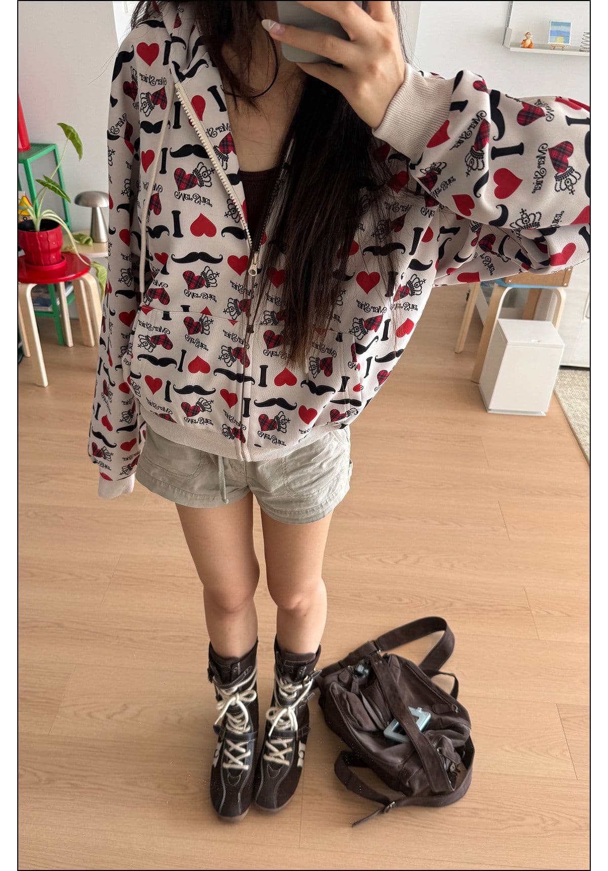 원본 솜씨 아메리칸 레트로 창의성 하트 알파벳 전체 인쇄 후드 오픈 가디건 후드티 남녀 루즈핏 재킷 가을 상세 이미지 8
