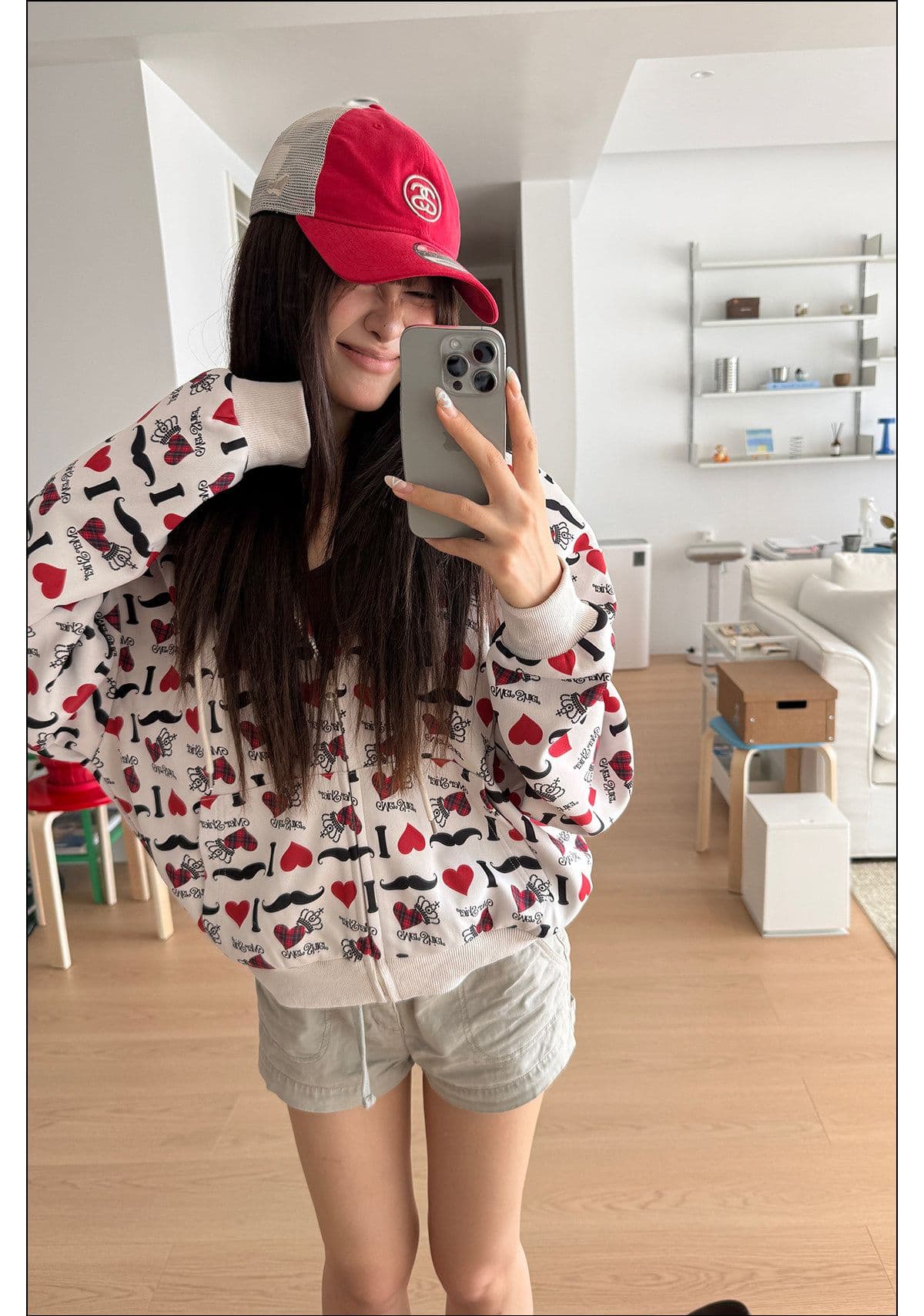 원본 솜씨 아메리칸 레트로 창의성 하트 알파벳 전체 인쇄 후드 오픈 가디건 후드티 남녀 루즈핏 재킷 가을 상세 이미지 9
