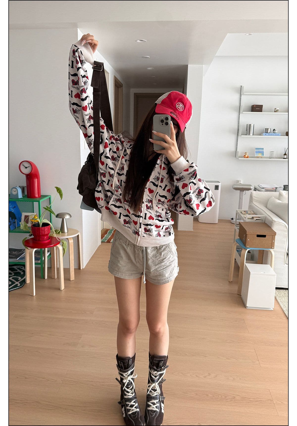 원본 솜씨 아메리칸 레트로 창의성 하트 알파벳 전체 인쇄 후드 오픈 가디건 후드티 남녀 루즈핏 재킷 가을 상세 이미지 11