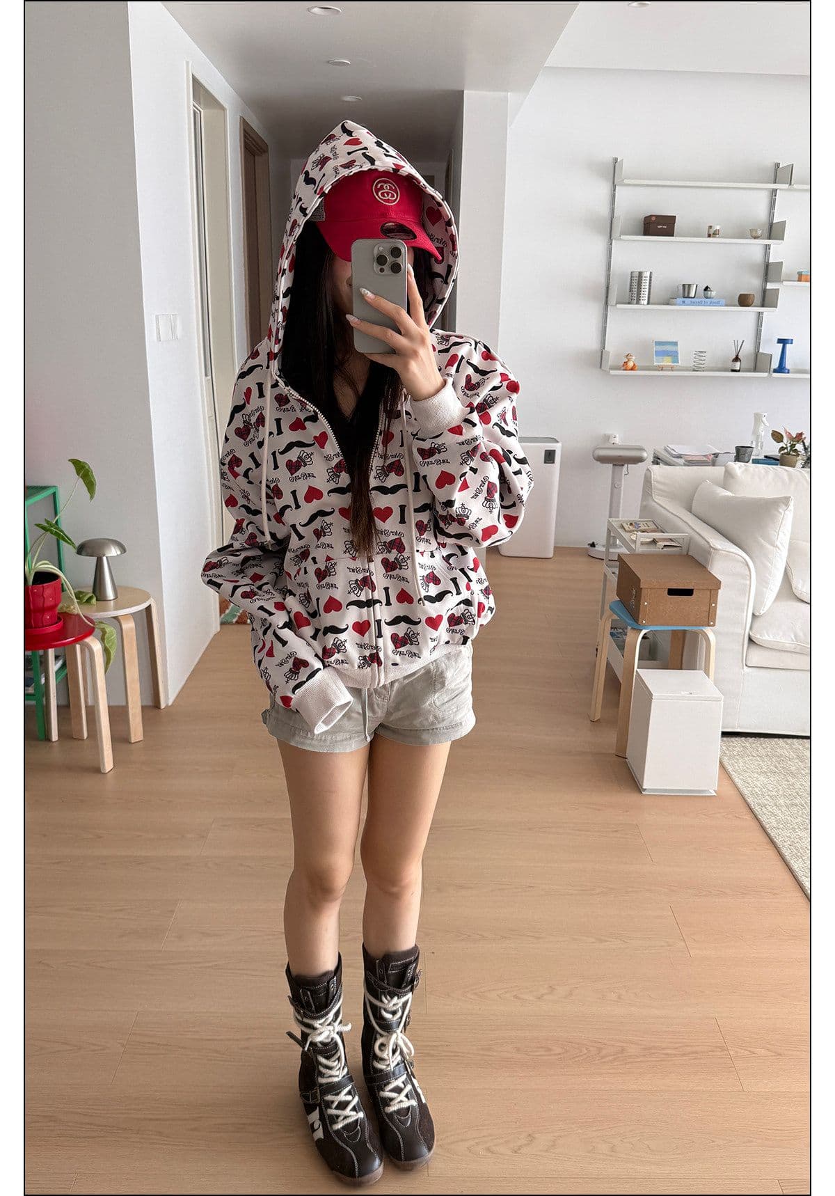 원본 솜씨 아메리칸 레트로 창의성 하트 알파벳 전체 인쇄 후드 오픈 가디건 후드티 남녀 루즈핏 재킷 가을 상세 이미지 12