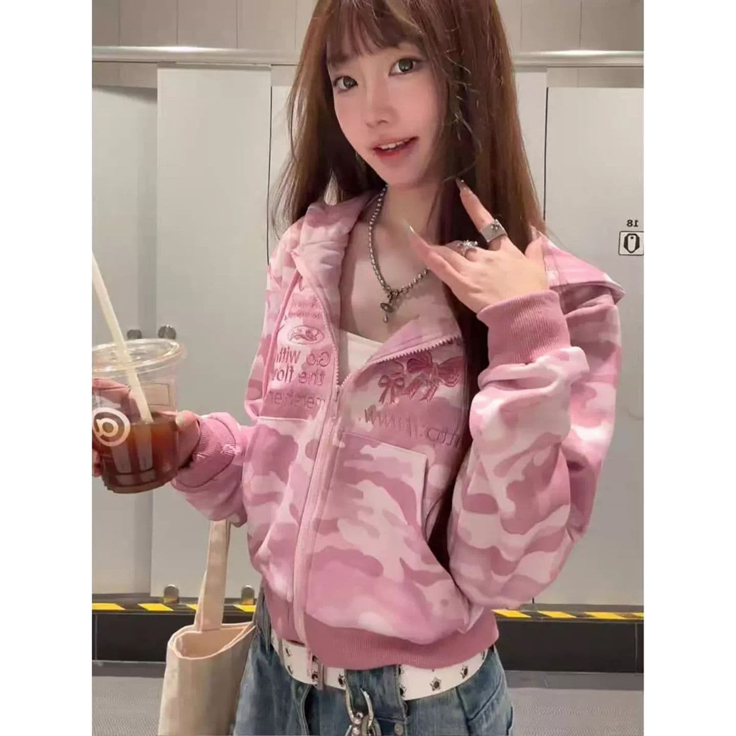 350 그램 후아 면 복잡한 우유 높은 품질 달콤한 차가운 바람 카모플라주 후드 재킷 지퍼 오픈 가디건 이미지 5