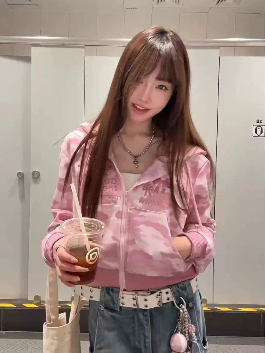 350 그램 후아 면 복잡한 우유 높은 품질 달콤한 차가운 바람 카모플라주 후드 재킷 지퍼 오픈 가디건 상세 이미지 4