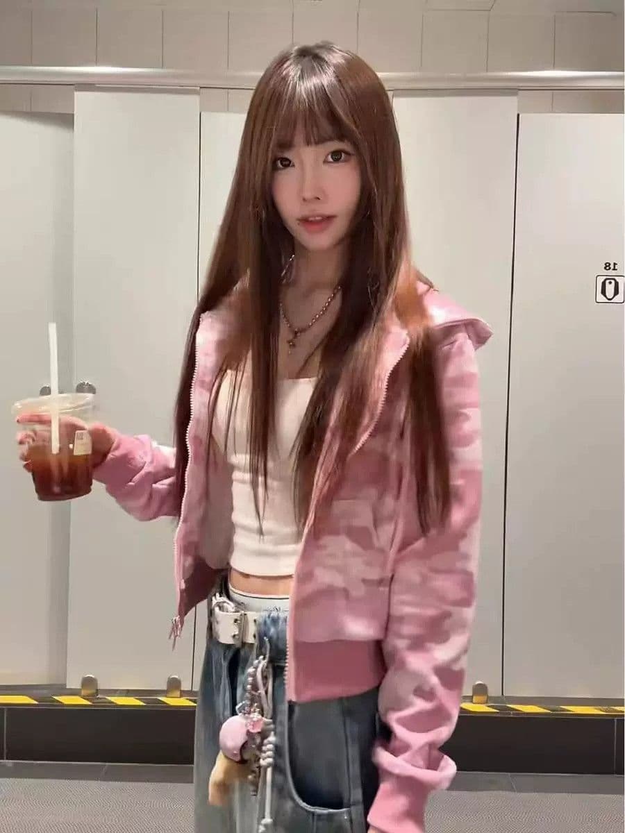 350 그램 후아 면 복잡한 우유 높은 품질 달콤한 차가운 바람 카모플라주 후드 재킷 지퍼 오픈 가디건 상세 이미지 5