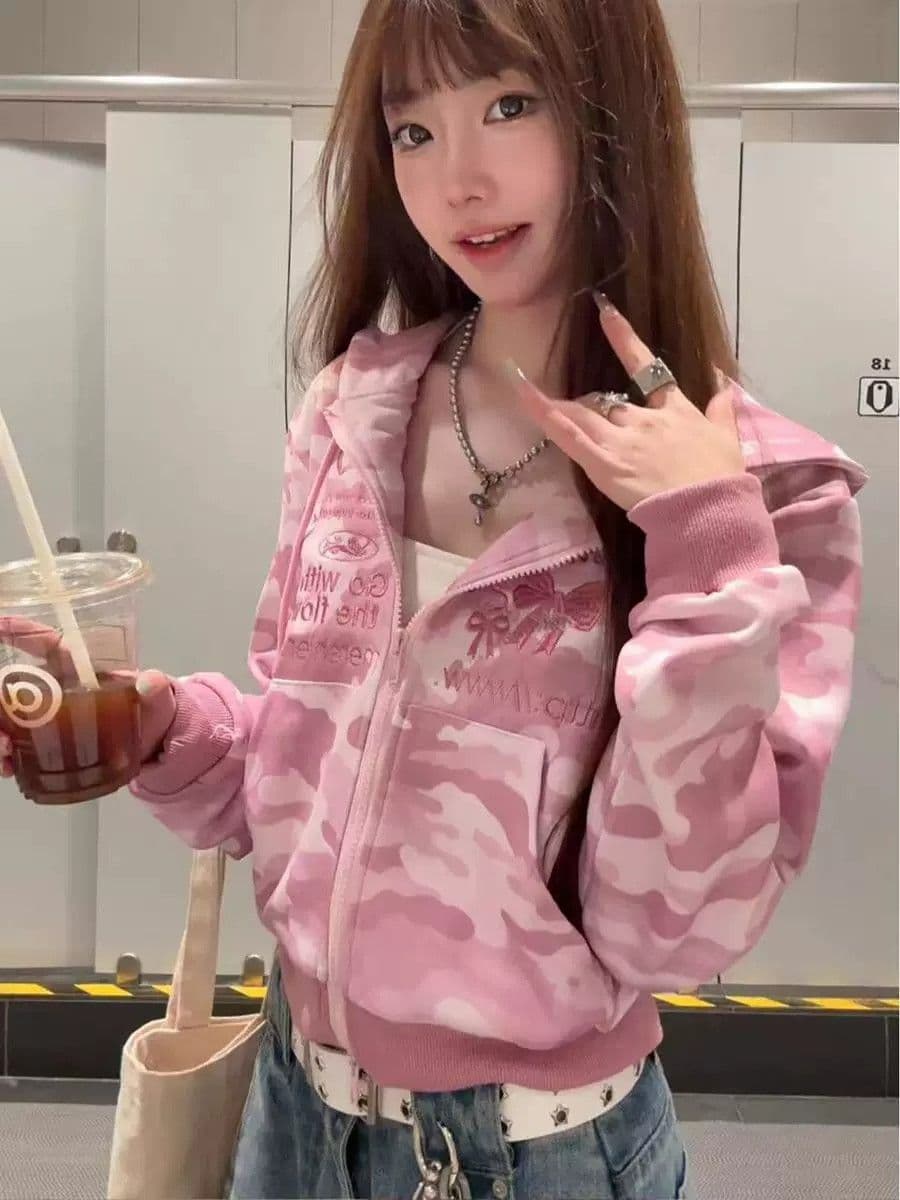 350 그램 후아 면 복잡한 우유 높은 품질 달콤한 차가운 바람 카모플라주 후드 재킷 지퍼 오픈 가디건 상세 이미지 6