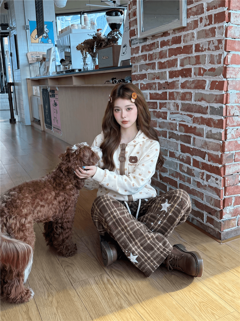 후아 면 복합 아메리칸 만화 작은 곰 알파벳 살구 색상 지퍼 오픈 가디건 후드티 여성 가을 재킷 이미지 2