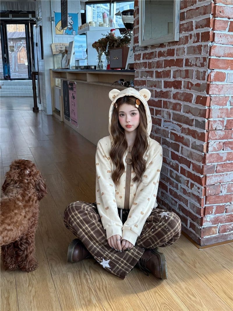 후아 면 복합 아메리칸 만화 작은 곰 알파벳 살구 색상 지퍼 오픈 가디건 후드티 여성 가을 재킷