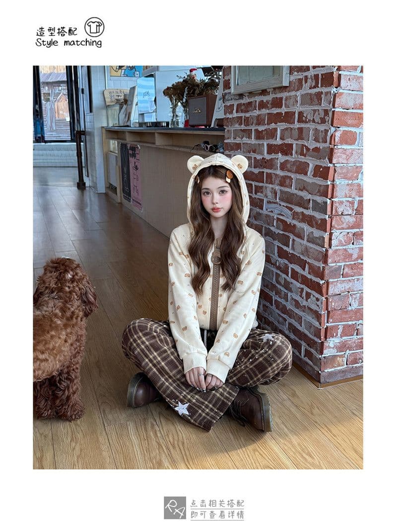 후아 면 복합 아메리칸 만화 작은 곰 알파벳 살구 색상 지퍼 오픈 가디건 후드티 여성 가을 재킷 상세 이미지 1