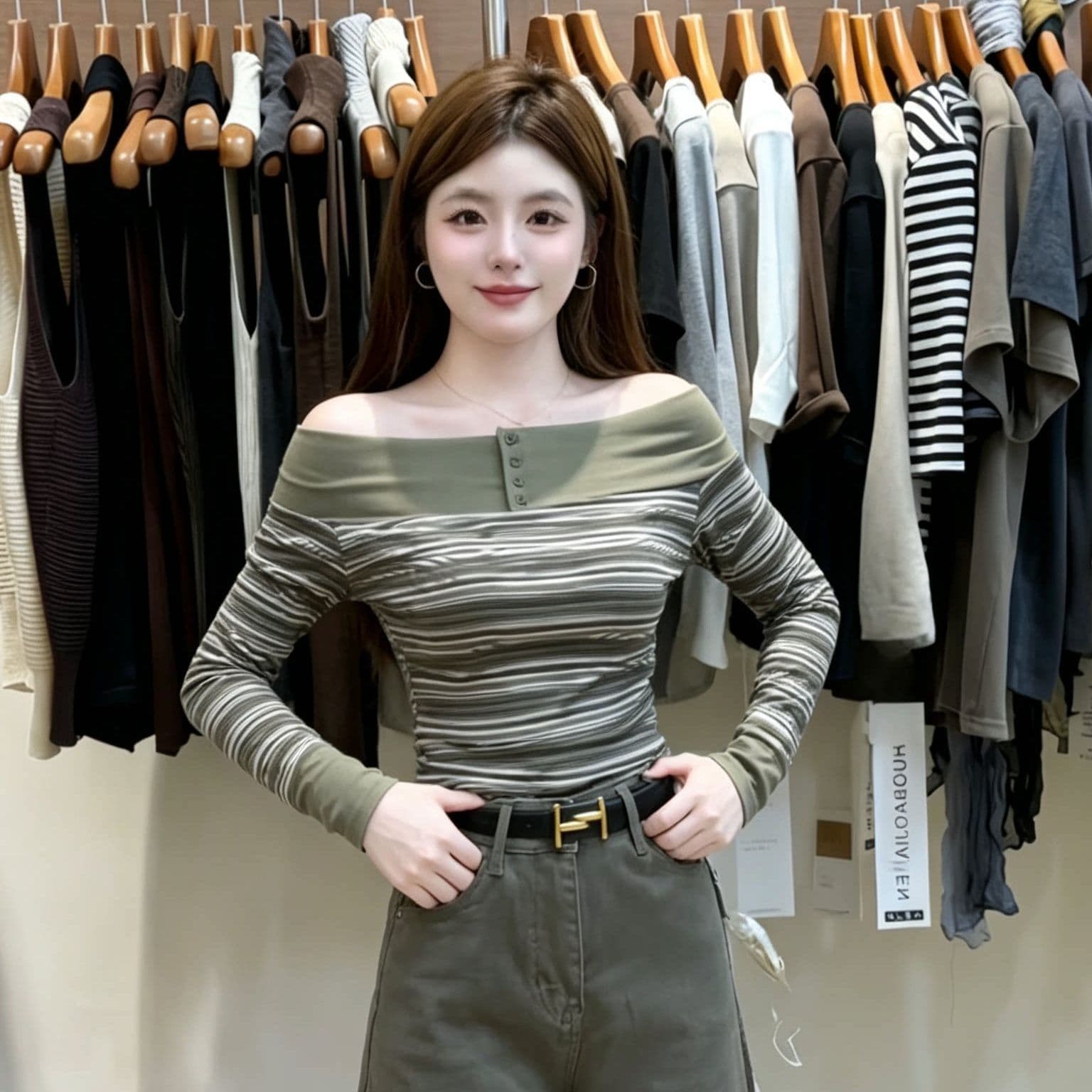 한 부서 레트로 스타일 오프숄더 스트라이프 긴팔 티셔츠 여성 2026 이른 가을 슬림해 보이는 디자인 센스 작은 대중 다용도 맨위 이미지 4