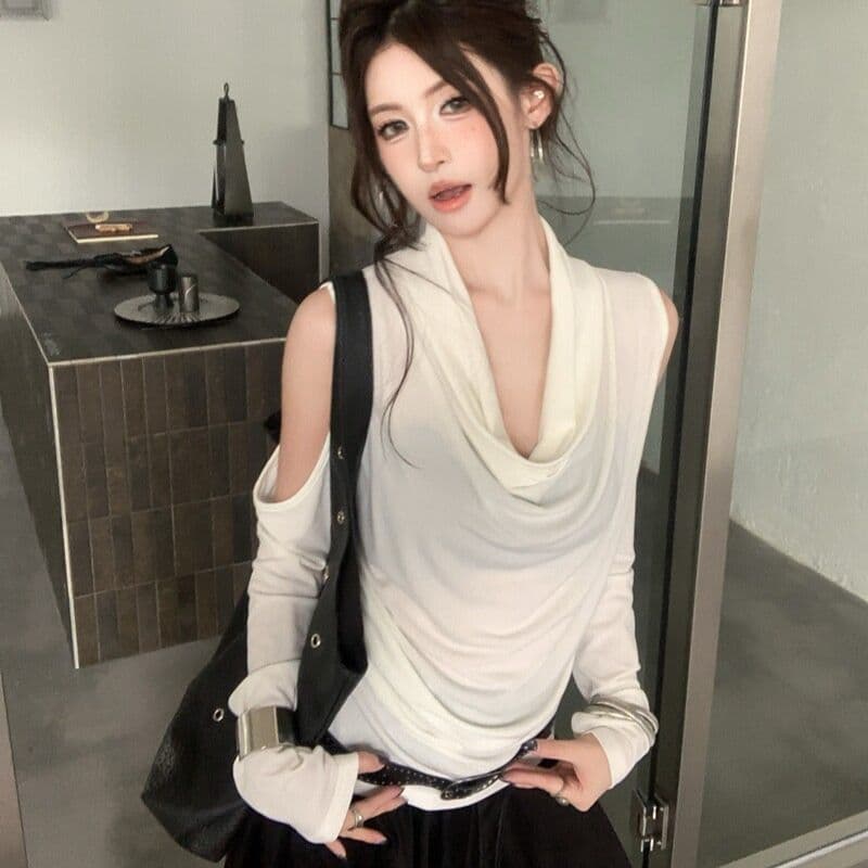 아메리칸 핫걸 Chic 흔들다 칼라 품격 긴팔 티셔츠 여성 가을 작은 대중 오프숄더 기본 셔츠 몸매 가꾸기 다용도 맨위 이미지 4