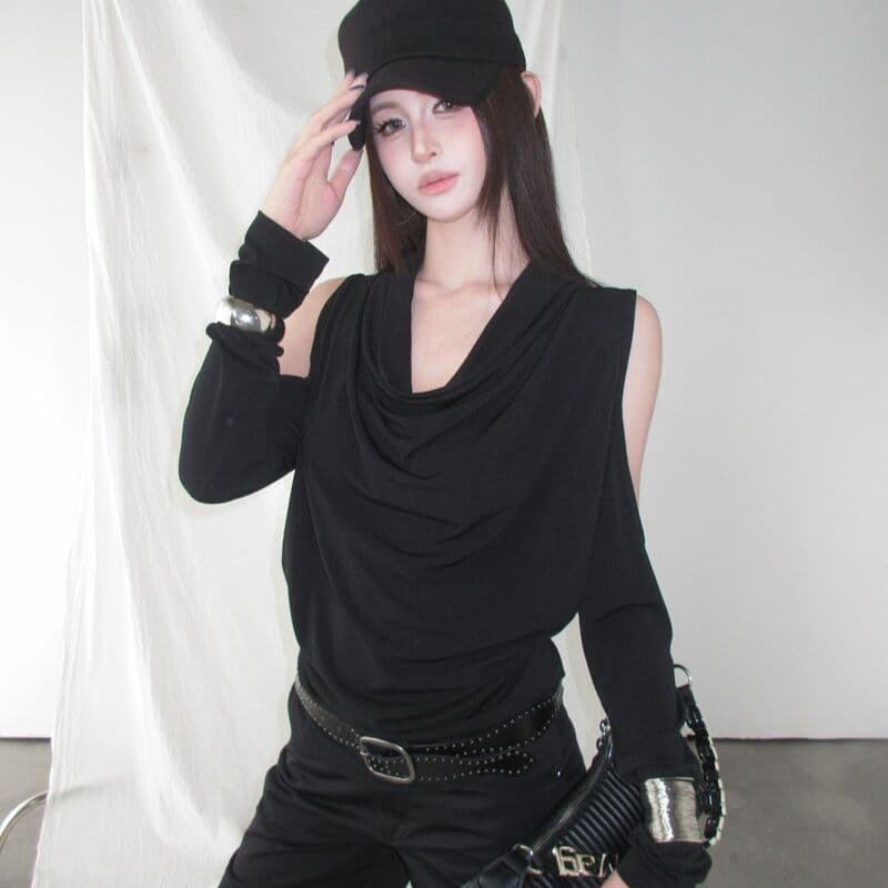아메리칸 핫걸 Chic 흔들다 칼라 품격 긴팔 티셔츠 여성 가을 작은 대중 오프숄더 기본 셔츠 몸매 가꾸기 다용도 맨위 이미지 2