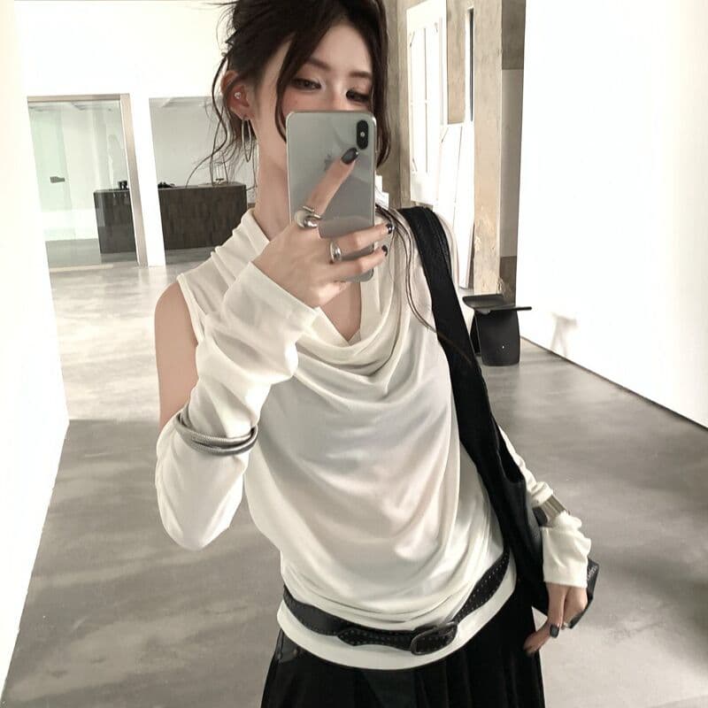 아메리칸 핫걸 Chic 흔들다 칼라 품격 긴팔 티셔츠 여성 가을 작은 대중 오프숄더 기본 셔츠 몸매 가꾸기 다용도 맨위