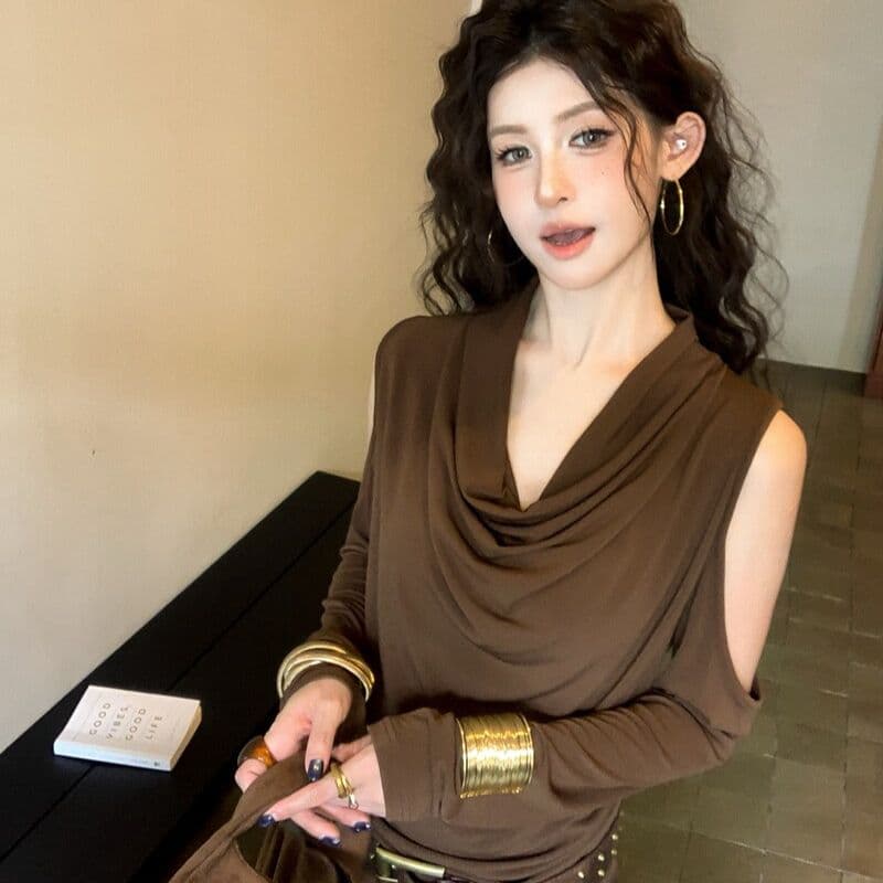 아메리칸 핫걸 Chic 흔들다 칼라 품격 긴팔 티셔츠 여성 가을 작은 대중 오프숄더 기본 셔츠 몸매 가꾸기 다용도 맨위 이미지 3