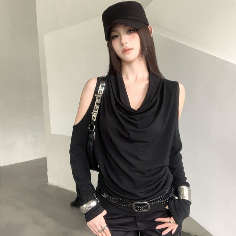 아메리칸 핫걸 Chic 흔들다 칼라 품격 긴팔 티셔츠 여성 가을 작은 대중 오프숄더 기본 셔츠 몸매 가꾸기 다용도 맨위 이미지 5
