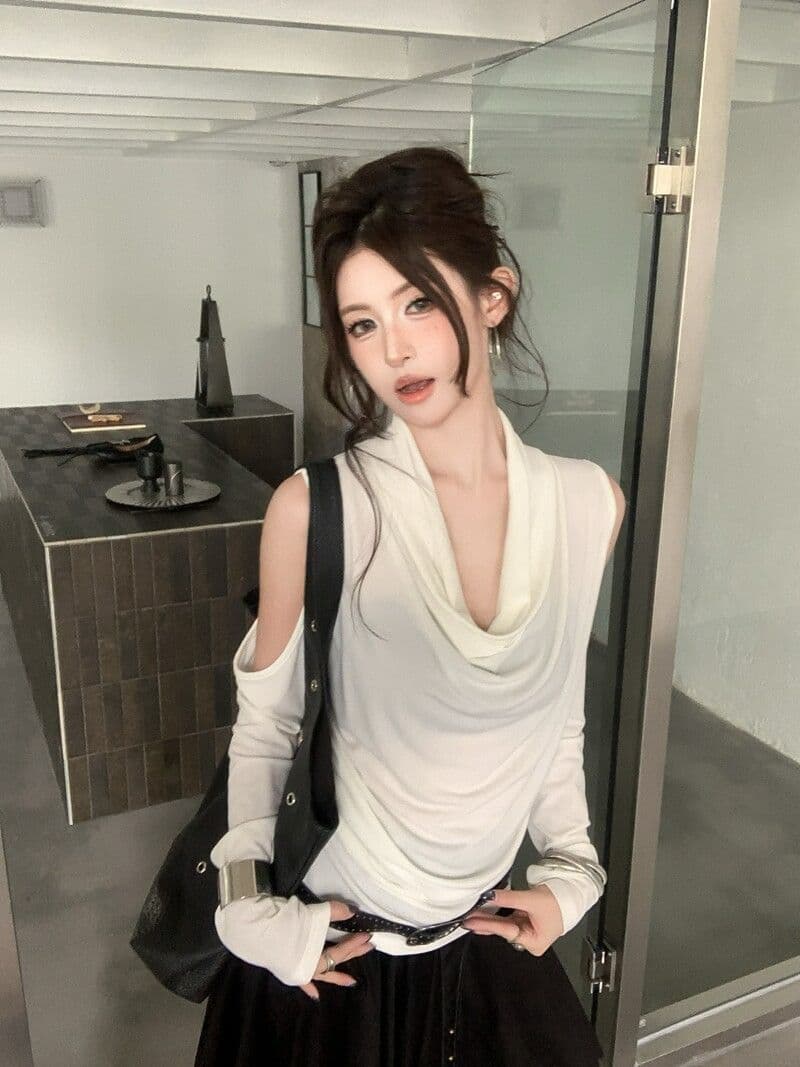아메리칸 핫걸 Chic 흔들다 칼라 품격 긴팔 티셔츠 여성 가을 작은 대중 오프숄더 기본 셔츠 몸매 가꾸기 다용도 맨위 상세 이미지 2