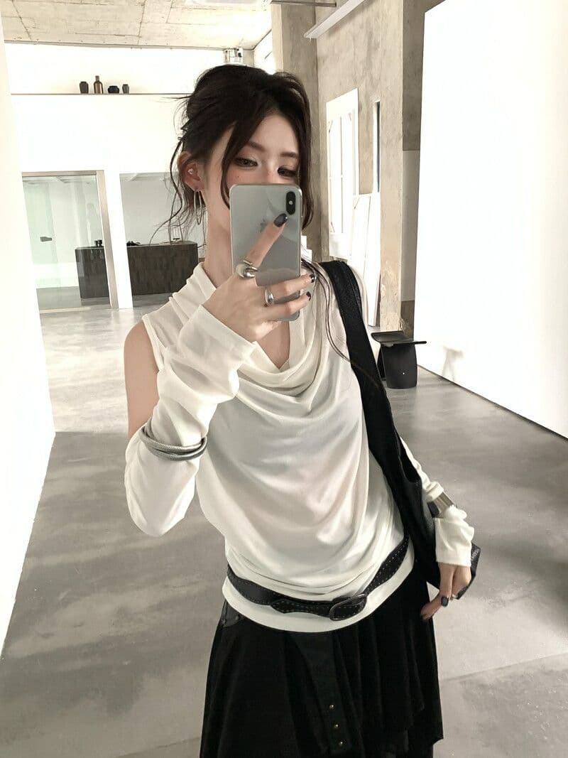 아메리칸 핫걸 Chic 흔들다 칼라 품격 긴팔 티셔츠 여성 가을 작은 대중 오프숄더 기본 셔츠 몸매 가꾸기 다용도 맨위 상세 이미지 3