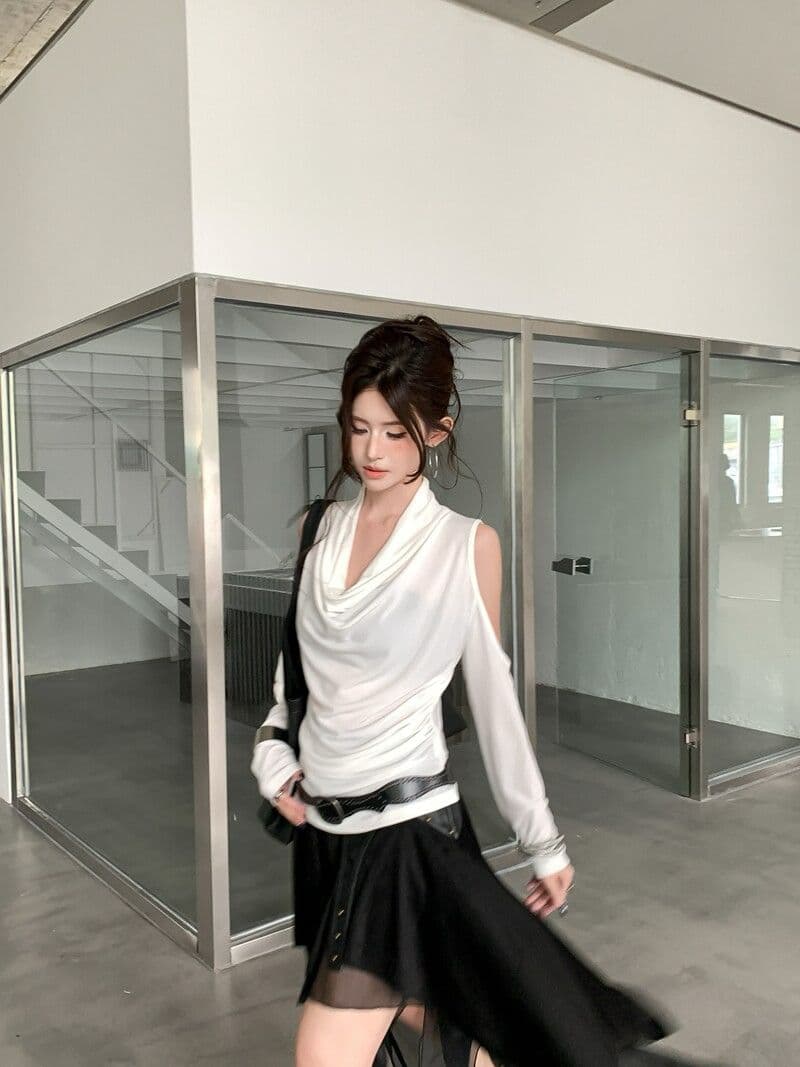 아메리칸 핫걸 Chic 흔들다 칼라 품격 긴팔 티셔츠 여성 가을 작은 대중 오프숄더 기본 셔츠 몸매 가꾸기 다용도 맨위 상세 이미지 5