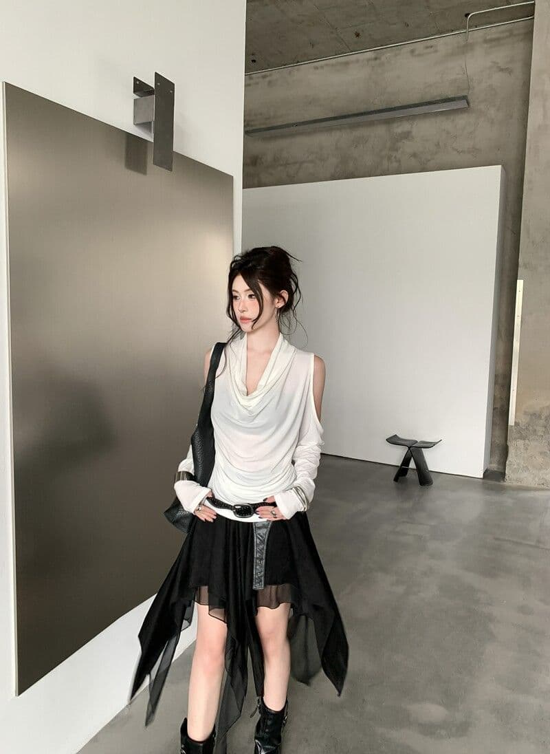 아메리칸 핫걸 Chic 흔들다 칼라 품격 긴팔 티셔츠 여성 가을 작은 대중 오프숄더 기본 셔츠 몸매 가꾸기 다용도 맨위 상세 이미지 9