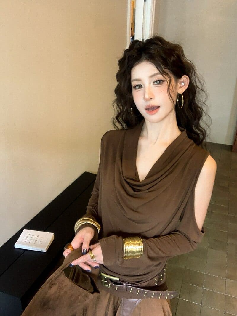 아메리칸 핫걸 Chic 흔들다 칼라 품격 긴팔 티셔츠 여성 가을 작은 대중 오프숄더 기본 셔츠 몸매 가꾸기 다용도 맨위 상세 이미지 10