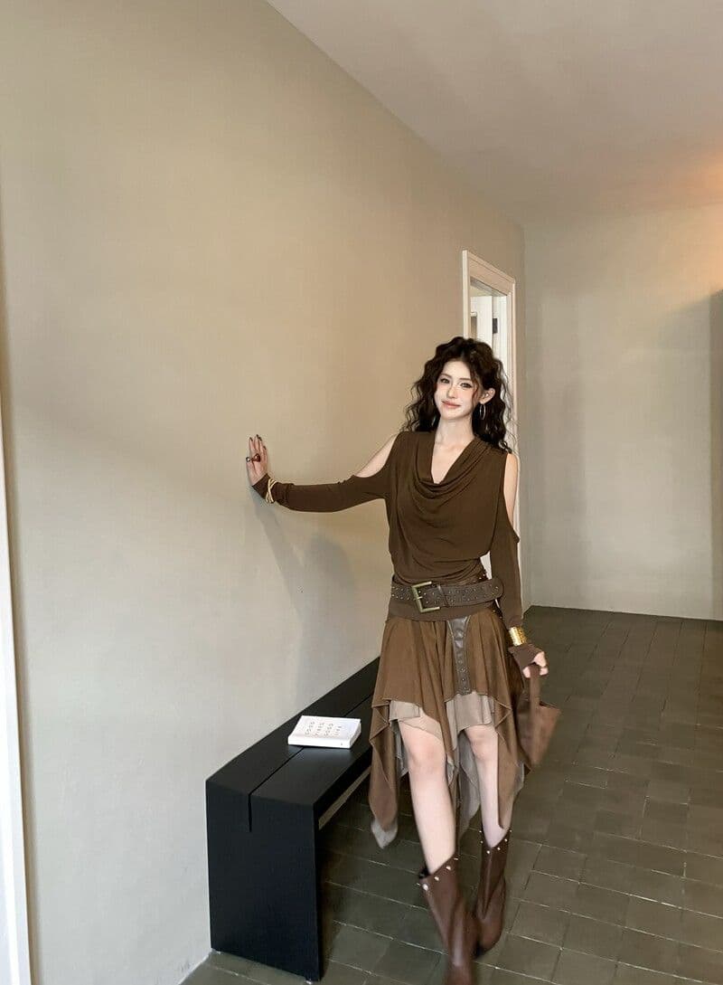 아메리칸 핫걸 Chic 흔들다 칼라 품격 긴팔 티셔츠 여성 가을 작은 대중 오프숄더 기본 셔츠 몸매 가꾸기 다용도 맨위 상세 이미지 16