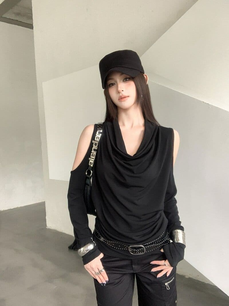 아메리칸 핫걸 Chic 흔들다 칼라 품격 긴팔 티셔츠 여성 가을 작은 대중 오프숄더 기본 셔츠 몸매 가꾸기 다용도 맨위 상세 이미지 18