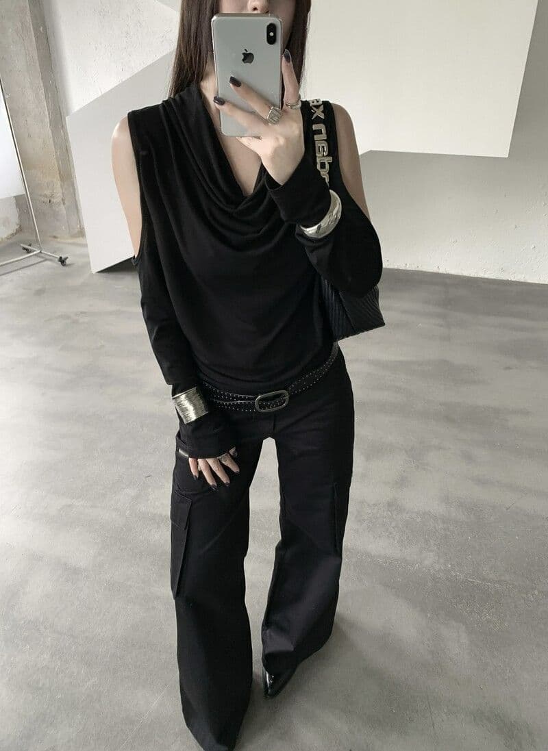 아메리칸 핫걸 Chic 흔들다 칼라 품격 긴팔 티셔츠 여성 가을 작은 대중 오프숄더 기본 셔츠 몸매 가꾸기 다용도 맨위 상세 이미지 21