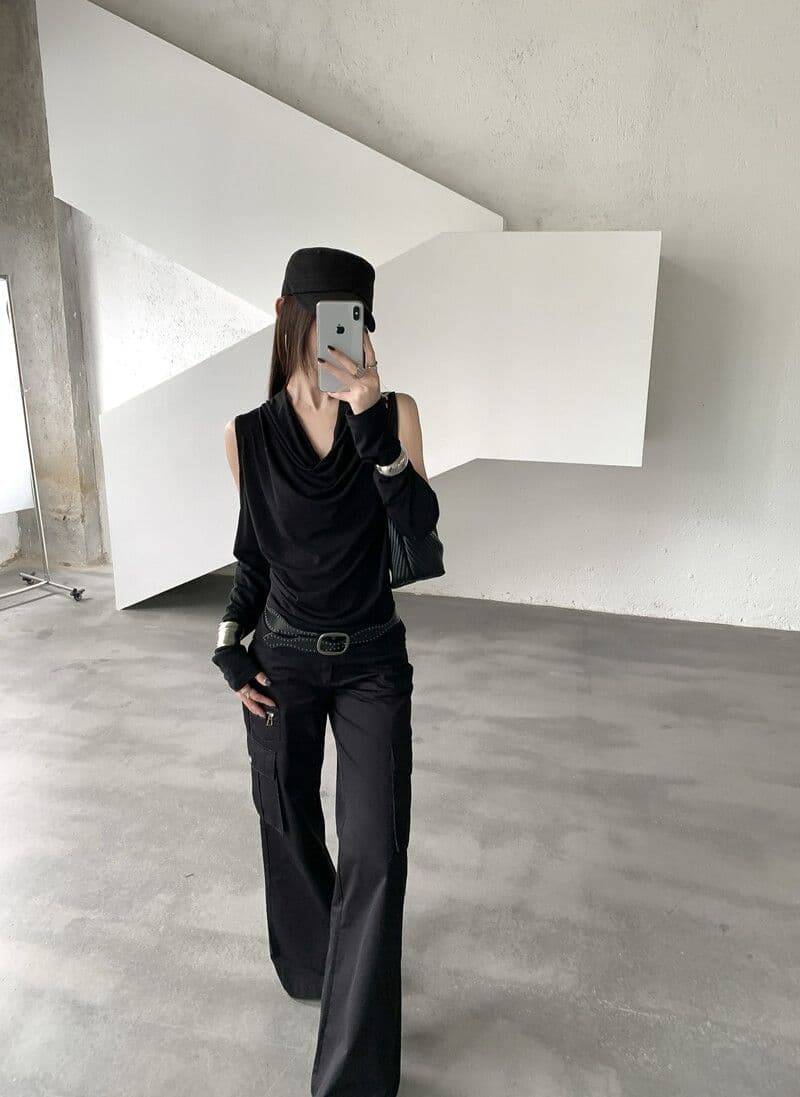 아메리칸 핫걸 Chic 흔들다 칼라 품격 긴팔 티셔츠 여성 가을 작은 대중 오프숄더 기본 셔츠 몸매 가꾸기 다용도 맨위 상세 이미지 25