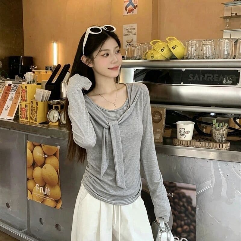 220 그램 사람들 면 주간 실크 리브 페이크 레이어드 스트랩 라운드 넥 긴팔 티셔츠 여성 가을 스트라이프 배색 맨위 이미지 2