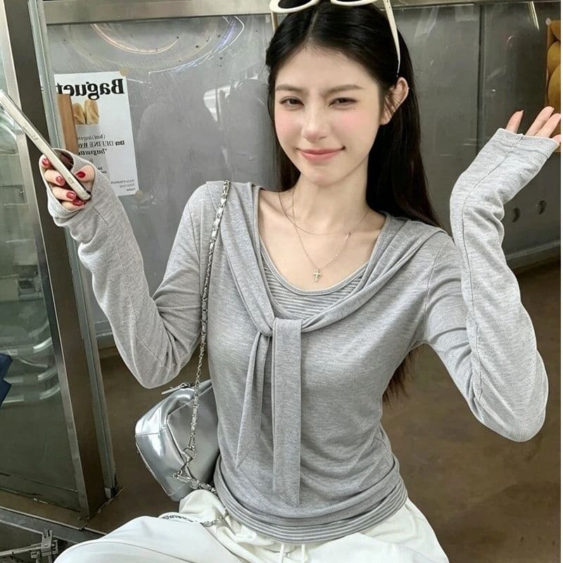 220 그램 사람들 면 주간 실크 리브 페이크 레이어드 스트랩 라운드 넥 긴팔 티셔츠 여성 가을 스트라이프 배색 맨위 이미지 4