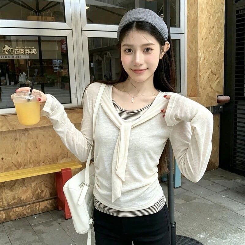 220 그램 사람들 면 주간 실크 리브 페이크 레이어드 스트랩 라운드 넥 긴팔 티셔츠 여성 가을 스트라이프 배색 맨위 이미지 5