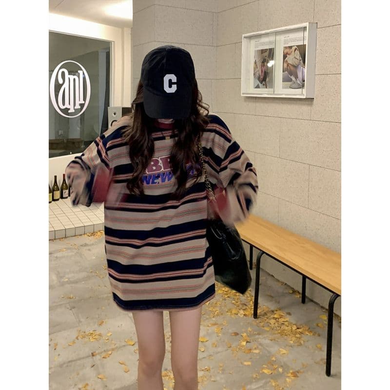 원본 품질 가을 맨위 라운드 넥 알파벳 프린트 스트라이프 싸움 풀오버 티셔츠 이미지 2