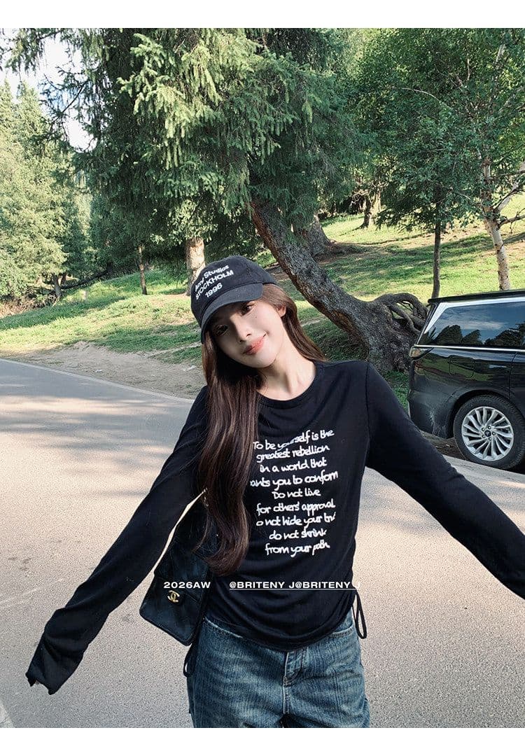 사람들 면 런던 캐주얼 레이스업 펌프 로프 필적 알파벳 프린트 긴팔 티셔츠 여성 상세 이미지 9