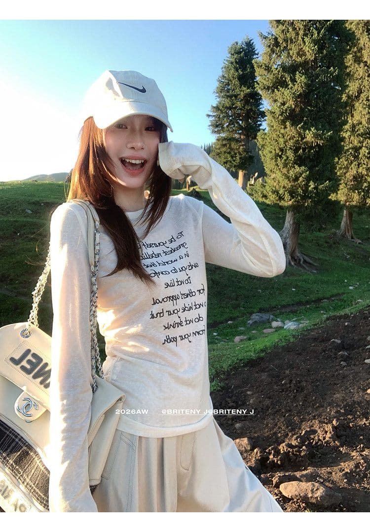 사람들 면 런던 캐주얼 레이스업 펌프 로프 필적 알파벳 프린트 긴팔 티셔츠 여성 상세 이미지 13