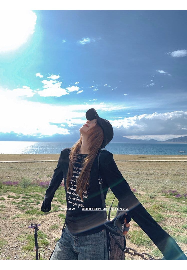 사람들 면 런던 캐주얼 레이스업 펌프 로프 필적 알파벳 프린트 긴팔 티셔츠 여성 상세 이미지 22