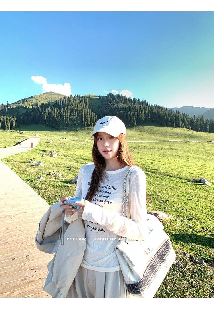 사람들 면 런던 캐주얼 레이스업 펌프 로프 필적 알파벳 프린트 긴팔 티셔츠 여성 상세 이미지 27