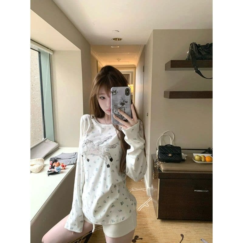 사람들 면 캡처 꿈 유니콘 전체 인쇄 작은 꽃무늬 구덩이 기사 질감 센스 캐주얼 라운드 넥 긴팔 티셔츠 이미지 2