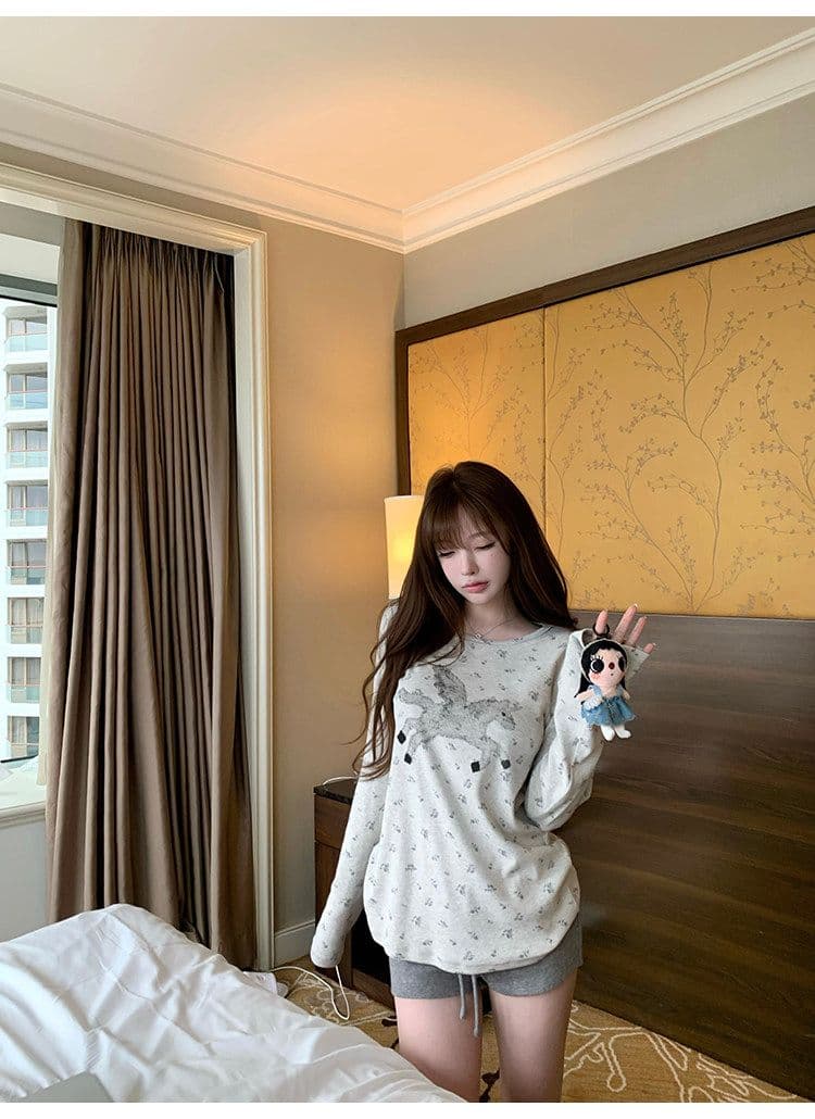 사람들 면 캡처 꿈 유니콘 전체 인쇄 작은 꽃무늬 구덩이 기사 질감 센스 캐주얼 라운드 넥 긴팔 티셔츠 상세 이미지 32