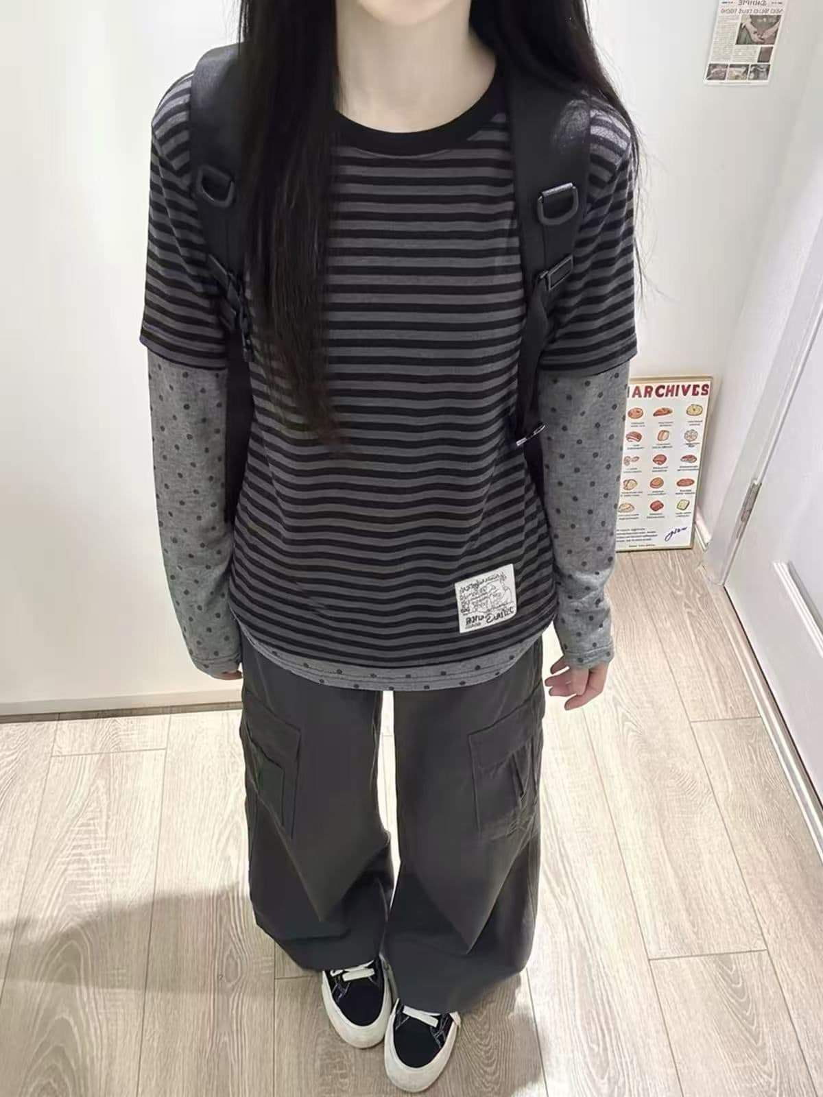 50 라이 경기 서울 45 명 면 5 암모니아 Lun 정가 스트라이프 도트 무늬 페이크 레이어드 긴팔 티셔츠 여성 이미지 4