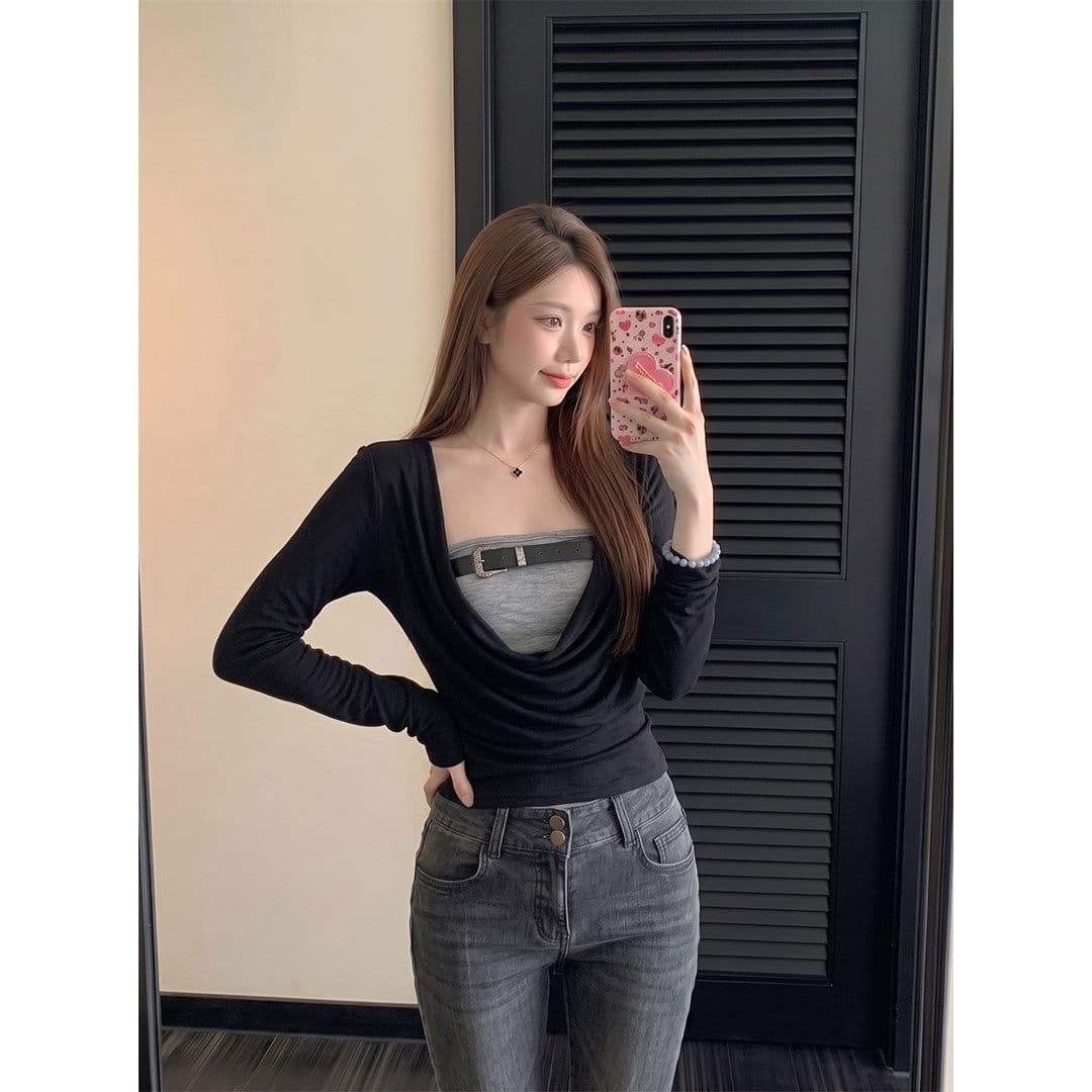 와 사고 방식 한 부서 긴팔 티셔츠 검정색 흔들다 칼라 페이크 레이어드 여성 이른 가을 핫걸 슬림해 보이는 고급 센스 맨위 이미지 2