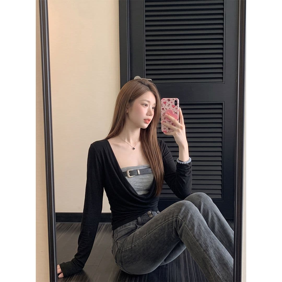 와 사고 방식 한 부서 긴팔 티셔츠 검정색 흔들다 칼라 페이크 레이어드 여성 이른 가을 핫걸 슬림해 보이는 고급 센스 맨위 상세 이미지 3