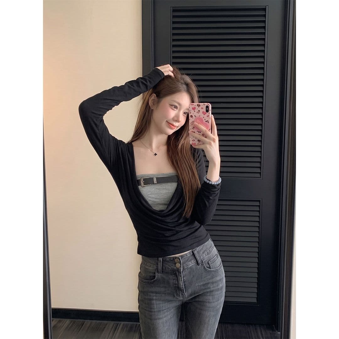 와 사고 방식 한 부서 긴팔 티셔츠 검정색 흔들다 칼라 페이크 레이어드 여성 이른 가을 핫걸 슬림해 보이는 고급 센스 맨위 상세 이미지 5