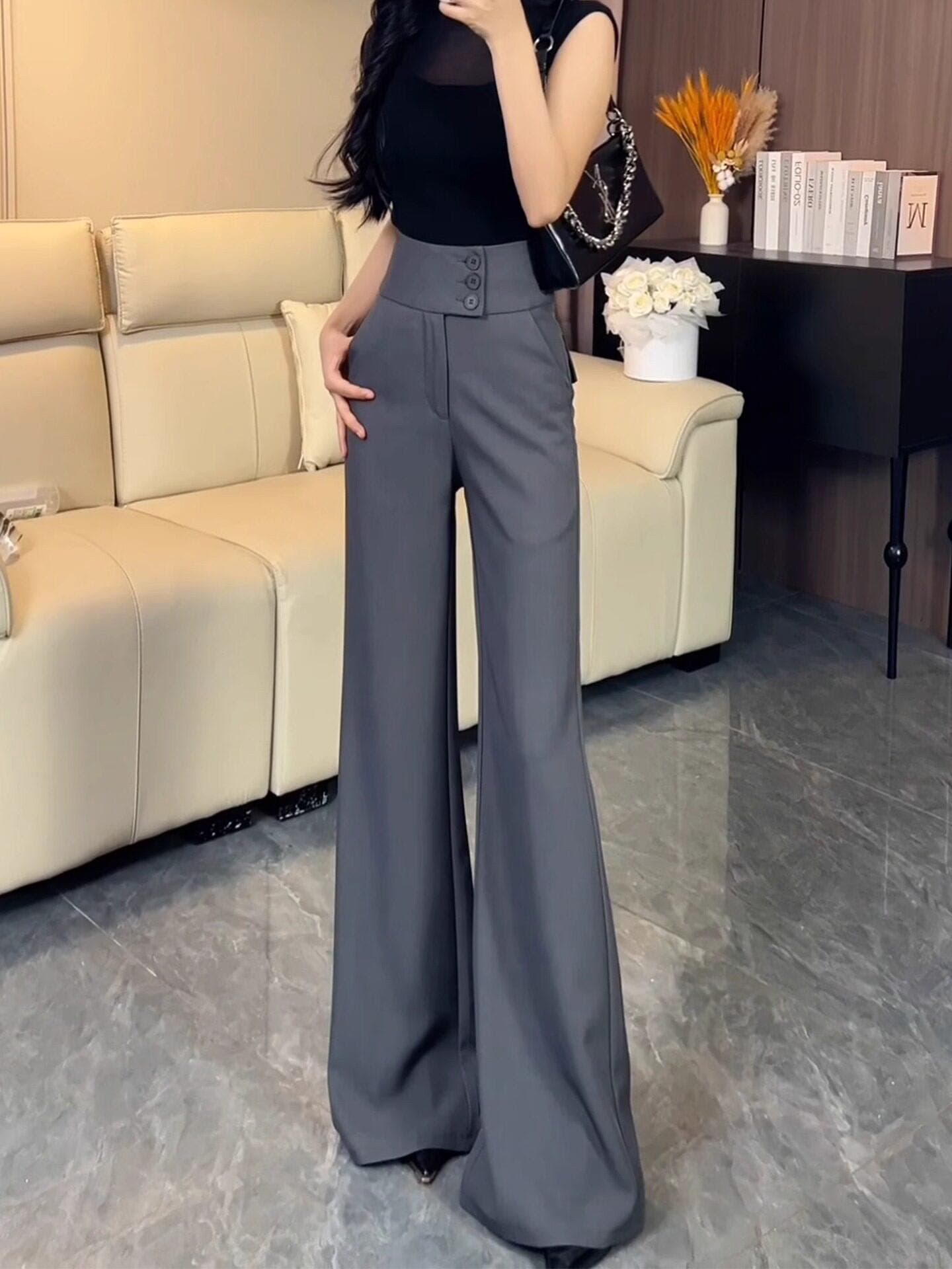 핫걸 섹시함 아니요 막대기 다리 플레어 바지 6 가을 새로운 순수한 욕망 바람 ins 하이웨이스트 정장 바닥 청소 바지 길다 상세 이미지 1