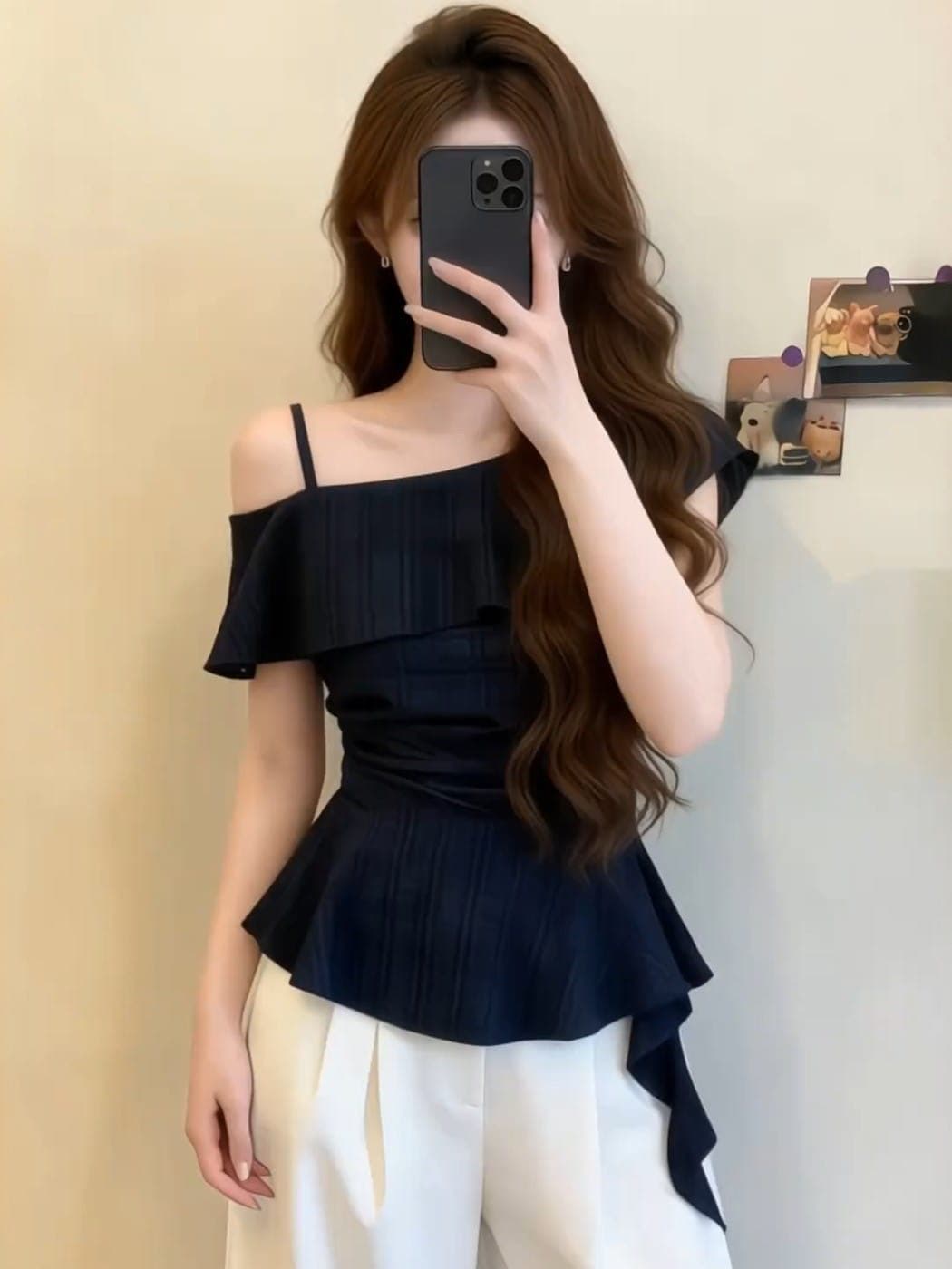 프랑스식 디자인 센스 프릴 파란색 체크무늬 여성 셔츠 여름 새로운 고유 한 아름다운 자이언트 잘 생긴 비스듬한 어깨 의류 상세 이미지 4